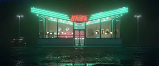 Photo of Neon diner and retro car late at night. Fog, rain and colour reflections on asphalt. 3d illustration