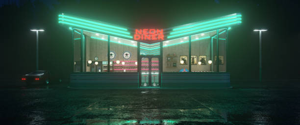 neonowa kolacja i retro samochód późno w nocy. mgła, deszcz i odbicie kolorów na asfalcie. ilustracja 3d - diner zdjęcia i obrazy z banku zdjęć