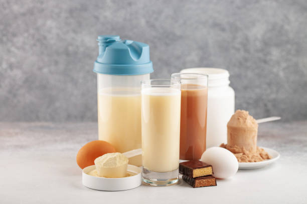 protein sport shake, powder eggs and bar. fitness food and drink. diet - body building milk shake protein drink drink imagens e fotografias de stock