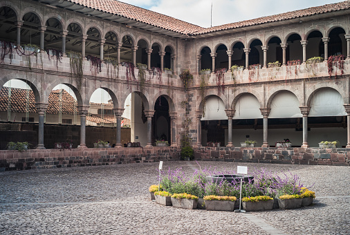 Cuzco, Peru - July 27 2010: Courtyard of the Convento Santo Domingo Monastery Convent in the Coricancha Complex.