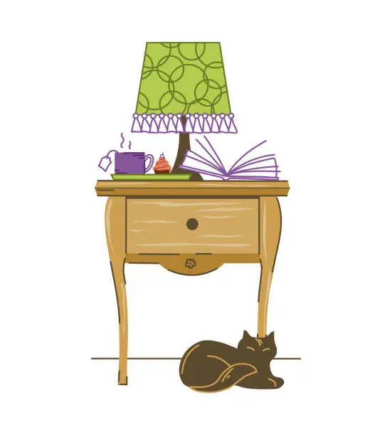 Vector illustration of A bedside table with a lamp, a book and a cup of tea, and a cat. The interior of the bedroom. Vector.