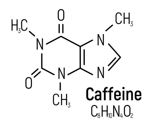 Caffeine concept chemical formula icon label, text font vector illustration, isolated on white. Periodic element table, addictive drink. Caffeine concept chemical formula icon label, text font vector illustration, isolated on white. Periodic element table, addictive drink stuff. caffeine molecule stock illustrations