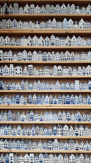 Delftware souvenir houses from Amsterdam in the Netherlands.