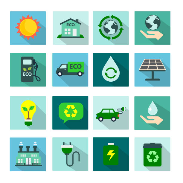 ilustrações de stock, clip art, desenhos animados e ícones de ecology icon set flat design,vector illustration - drop solar panel symbol leaf
