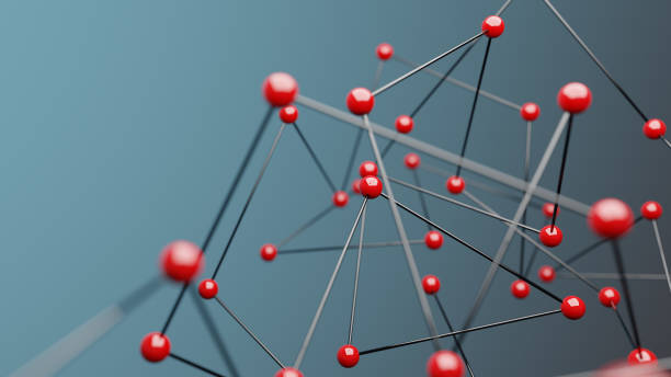 istock Red spheres on blue background, concept of network 1304325345