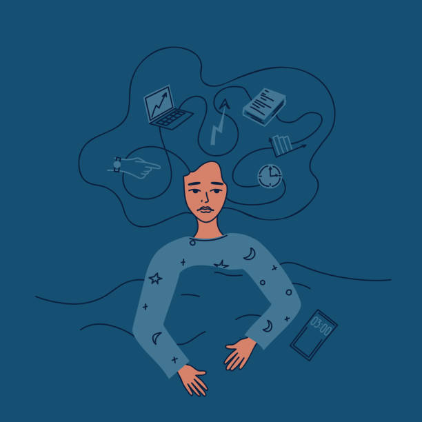 Young woman with insomnia in bed. Concept of burnout, emotional exhaustion, deadline, very busy or a lot of work. The employee cannot sleep, problems at work. Vector illustration Young woman with insomnia in bed. Concept of burnout, emotional exhaustion, deadline, very busy or a lot of work. The employee cannot sleep, problems at work. Vector illustration square composition insomnia illustrations stock illustrations