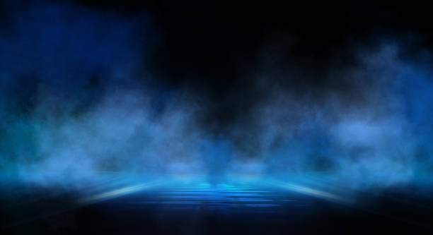 Dark background with lines and spotlights, blue neon light, night view. Abstract blue background. Futuristic modern patterns, symmetrical reflection. 3D Render