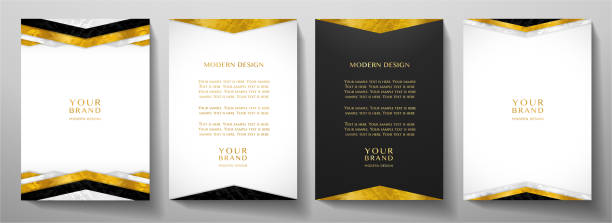 Modern white, black cover design set with gold geometric lines (triangle). Luxury creative premium pattern Formal vector background template for business brochure, certificate, diploma, invite gold metal drawings stock illustrations
