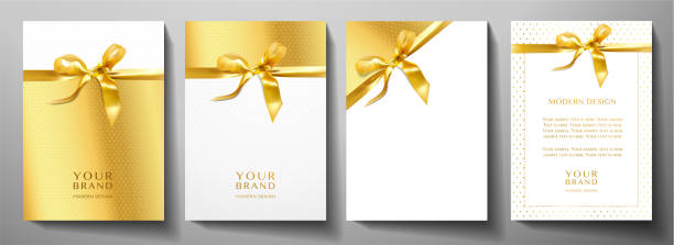 ilustrações de stock, clip art, desenhos animados e ícones de holiday cover design set. luxury gold background with stars pattern and golden ribbon - bow gold gift tied knot