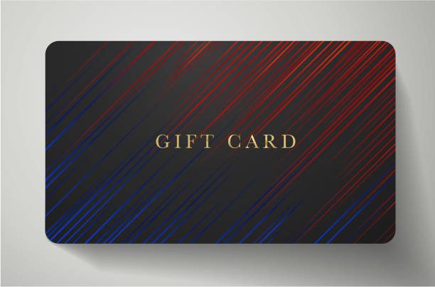 Gift card, business card with diagonal dynamic blue, red lines on back background Formal dark template for shopping card, invite design gift card template stock illustrations