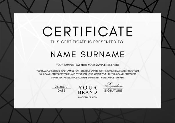 Certificate template with black line pattern frame and geometry white background Vector modern design for Diploma, certificate of appreciation or premium award employee month stock illustrations