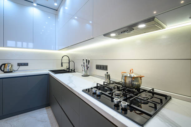 Closeup to luxury gray modern kitchen interior