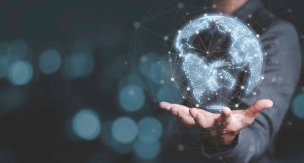 istock Businessman touching to virtual world with connection line for global networks and big data transformation technology linkage concept. 1304335514