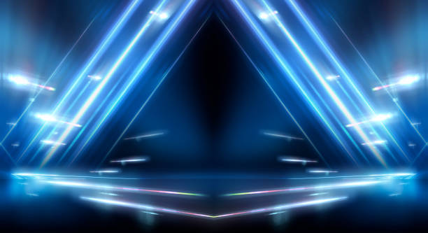 istock Dark background with lines and spotlights, blue neon light, night view. Abstract blue background. Futuristic modern patterns, symmetrical reflection. 3D Render 1304335757
