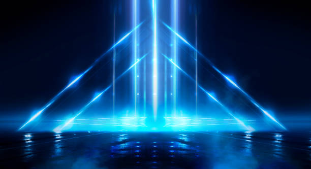 istock Dark background with lines and spotlights, blue neon light, night view. Abstract blue background. Futuristic modern patterns, symmetrical reflection. 3D Render 1304335758