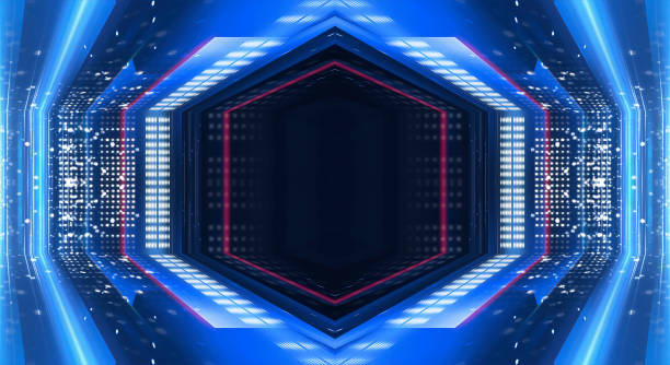 istock Dark background with lines and spotlights, blue neon light, night view. Abstract blue background. Futuristic modern patterns, symmetrical reflection. 3D Render 1304335796