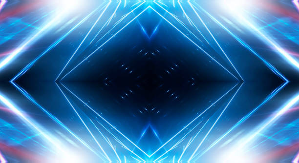 istock Dark background with lines and spotlights, blue neon light, night view. Abstract blue background. Futuristic modern patterns, symmetrical reflection. 3D Render 1304335817