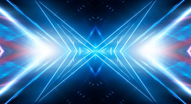 istock Dark background with lines and spotlights, blue neon light, night view. Abstract blue background. Futuristic modern patterns, symmetrical reflection. 3D Render 1304335820