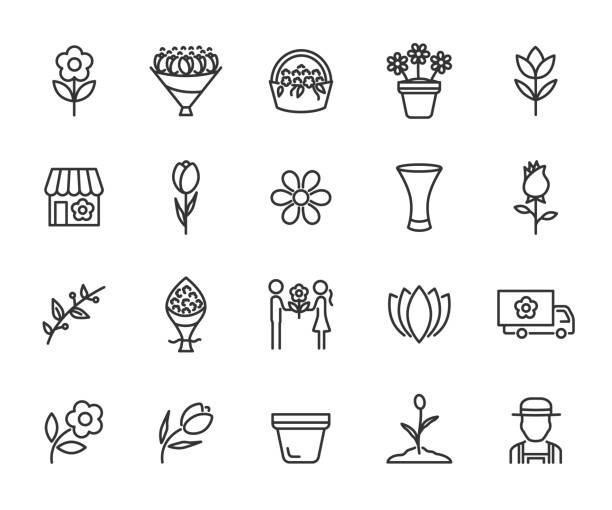 wektorowy zestaw ikon linii kwiatowych. zawiera ikony bukiet, kwiaciarnia, tulipany, róża, kosz kwiatów, wazon, ogrodnik i więcej. piksel idealny. - kwiaciarz stock illustrations