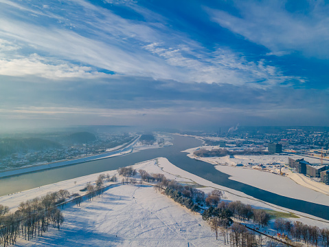 Aerial winter view of Nemunas and Neris rivers confluence in Kaunas, Lithuania old town