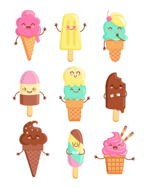Big set of funny cheerful ice cream characters. Big set of funny cheerful,friendly ice cream characters.Sweet kawaii smiling summer delicacy,tasty sundaes,gelatos with different tasties for kids designs and decorations, isolated on white. Vector. popsicle stock illustrations
