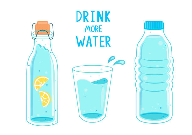 Drink more water, calling banner. Drink more water, calling banner. Set of water in bottles and glass. Hand drawn cute vector illustartion. H2O for health. Body care. day drinking stock illustrations