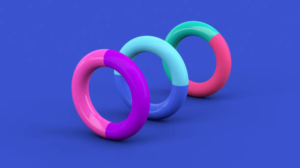 istock Three colorful circle shapes. Blue background. Abstract illustration, 3d render. 1304339626