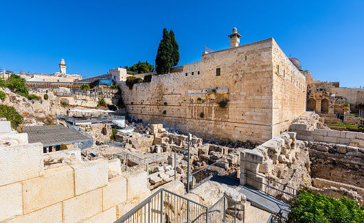 Jerusalem, Israel - October 12, 2017: South-western corner of Temple Mount walls with Robinson's Arch, Al-Aqsa Mosque and Western Wall excavation in Jerusalem Old City