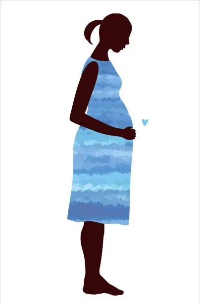 Vector illustration of a silhouette of a pregnant woman with pony-tail with blue dress