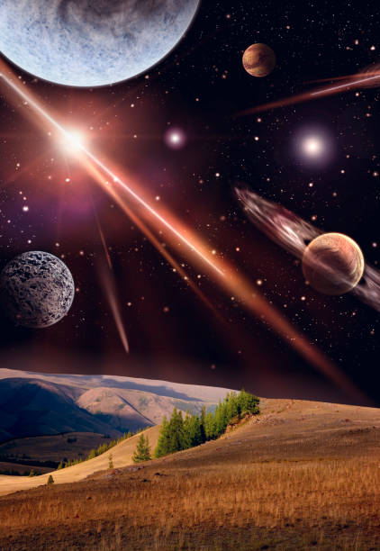 istock Space and planets. Fantastic view from the ground 3D rendering. 1304341043