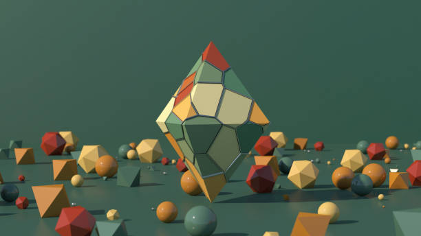 istock Pyramid with colorful surface. Green, orange, brown balls and polyhedrons. green background. Abstract illustration, 3d render. 1304341909