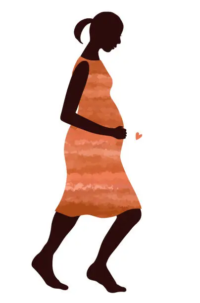 Vector illustration of a silhouette of a pregnant woman with pony-tail and red dress