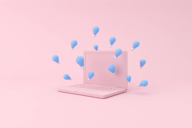 istock 3d rendering of laptop and floating light bulb. Minimal concept. 1304342045