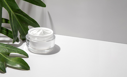 Cosmetic cream container jar with green leaves on white background. Blank label for branding mock-up. Natural beauty product concept.