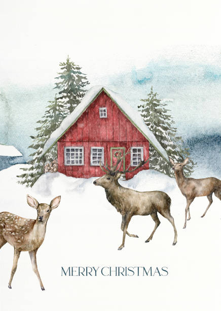 ilustrações de stock, clip art, desenhos animados e ícones de watercolor christmas card of red house and deers in winter forest. hand painted illustration with fir trees and snow isolated on white background. holiday card for design, print, fabric, background. - christmas tree snow fir tree isolated