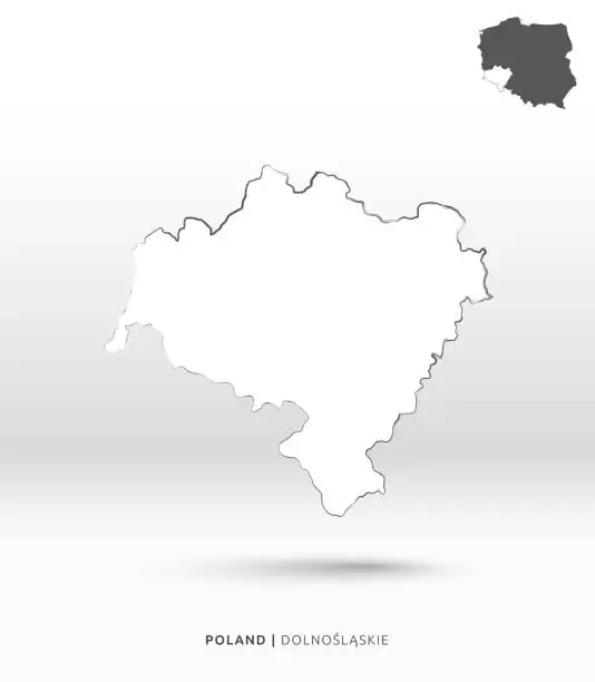Vector illustration of Lower Silesian voivodeship - single isolated region of political division of Poland - abstract outlined border located above a white sheet of paper with shadow and background in 3D - simple illustration in vector