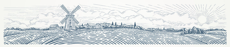 Rural landscape panoramic format with a Windmill and village. Hand drawn Illustration in engraving style.