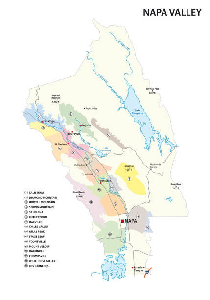 Vector map of wine growing regions in Californias Napa Valley District, United States Vector map of wine growing regions in Californias Napa Valley District, United States wine and oenology graphic stock illustrations