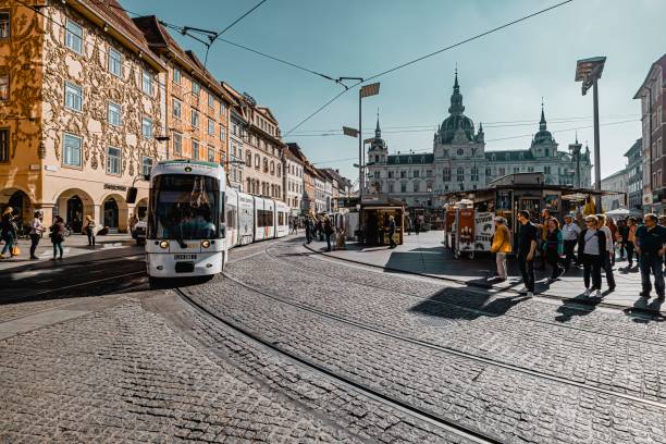 Street view. Tram on Hauptplatz square in Graz. stock photo