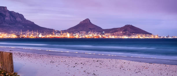 Panorama of Cape Town skyline at twilight from Milnerton stock photo