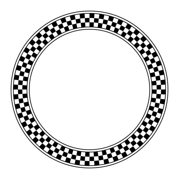 Circle frame with checkered pattern, round border with checkerboard pattern Circle frame with checkered pattern. Round border with checkerboard pattern, made of a checkerboard diagram, consisting of black and white alternating squares, framed with lines. Illustration. Vector. checked pattern stock illustrations