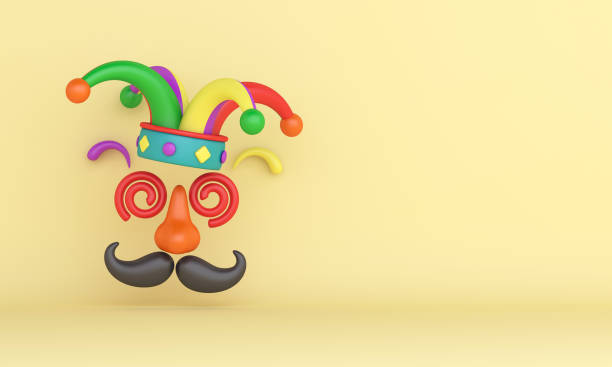 istock April fools day decoration background with jester hat, nose and mustache, copy space text, 3D rendering illustration 1304354003