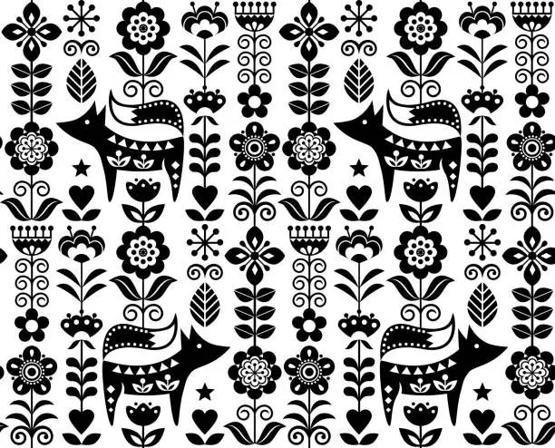 Vector illustration of Scandinavian or Nordic folk art vector seamless pattern with flowers and fox, floral textile design inspired by traditional embroidery from Sweden, Norway and Denmark