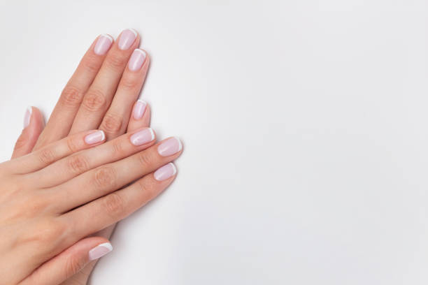 French manicure. Nude nails covered with gel polish on a white background with copy space. Natural manicure with camouflage base. Female hands close up, beauty salon concept