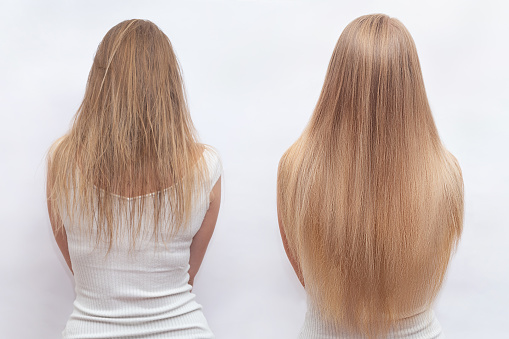 Mujer antes y después extensiones de pelo sobre fondo blanco. Extensión del cabello, belleza, tress, crecimiento del cabello, peinado, concepto de salón. Lenght y volumen photo
