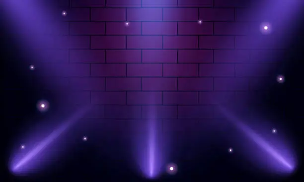 Vector illustration of Illuminated stage with scenic lights and smoke. purple vector