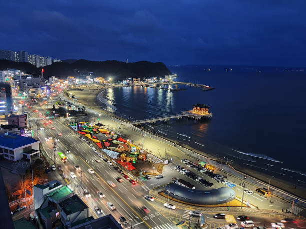 Night View of Yeongildae Beach in Pohang (South Korea) stock photo