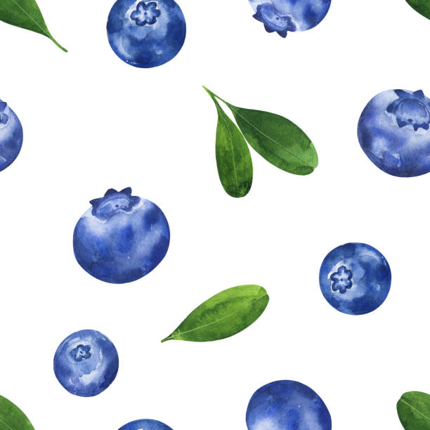 istock Seamless pattern with watercolor blueberries and leaves isolated on white background. 1304358813