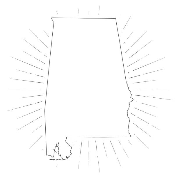 Alabama map with sunbeams on white background Map of Alabama created with a thin black outline and  light rays. Trendy and modern illustraion isolated on a blank background. Vector Illustration (EPS10, well layered and grouped). Easy to edit, manipulate, resize or colorize. alabama us state stock illustrations