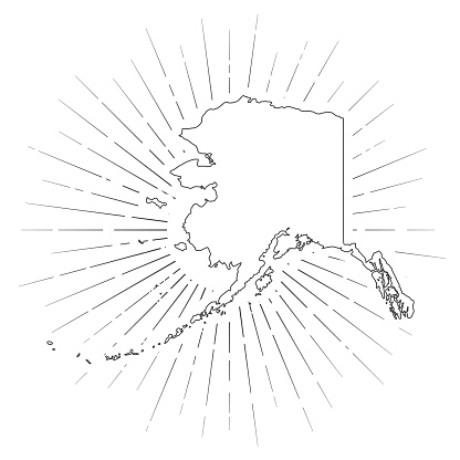 Map of Alaska created with a thin black outline and  light rays. Trendy and modern illustraion isolated on a blank background. Vector Illustration (EPS10, well layered and grouped). Easy to edit, manipulate, resize or colorize.